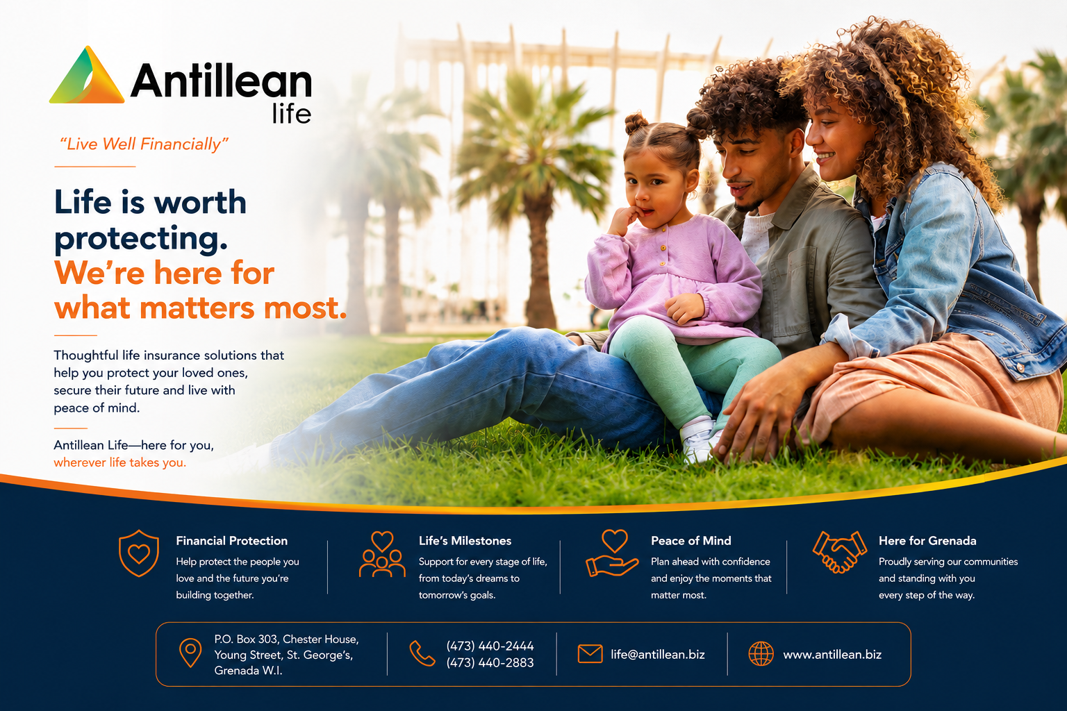 Antillean Life hero graphic featuring a family outdoors in Grenada, promoting life insurance, financial protection and peace of mind.